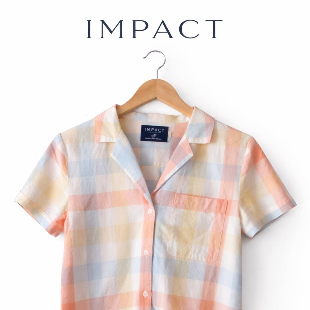Impact Small Pastel Plaid Button Front Shirt Organic Cotton Hemp Short Sleeve To